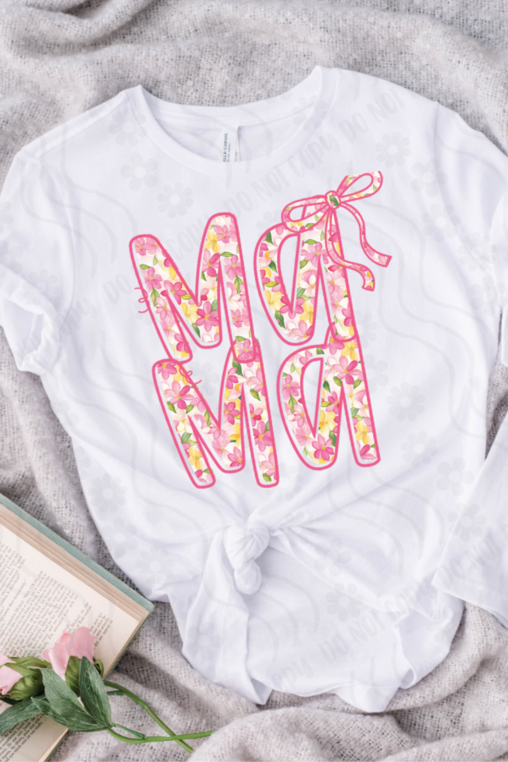 Stacked mama floral font with bow DYED DTF transfer