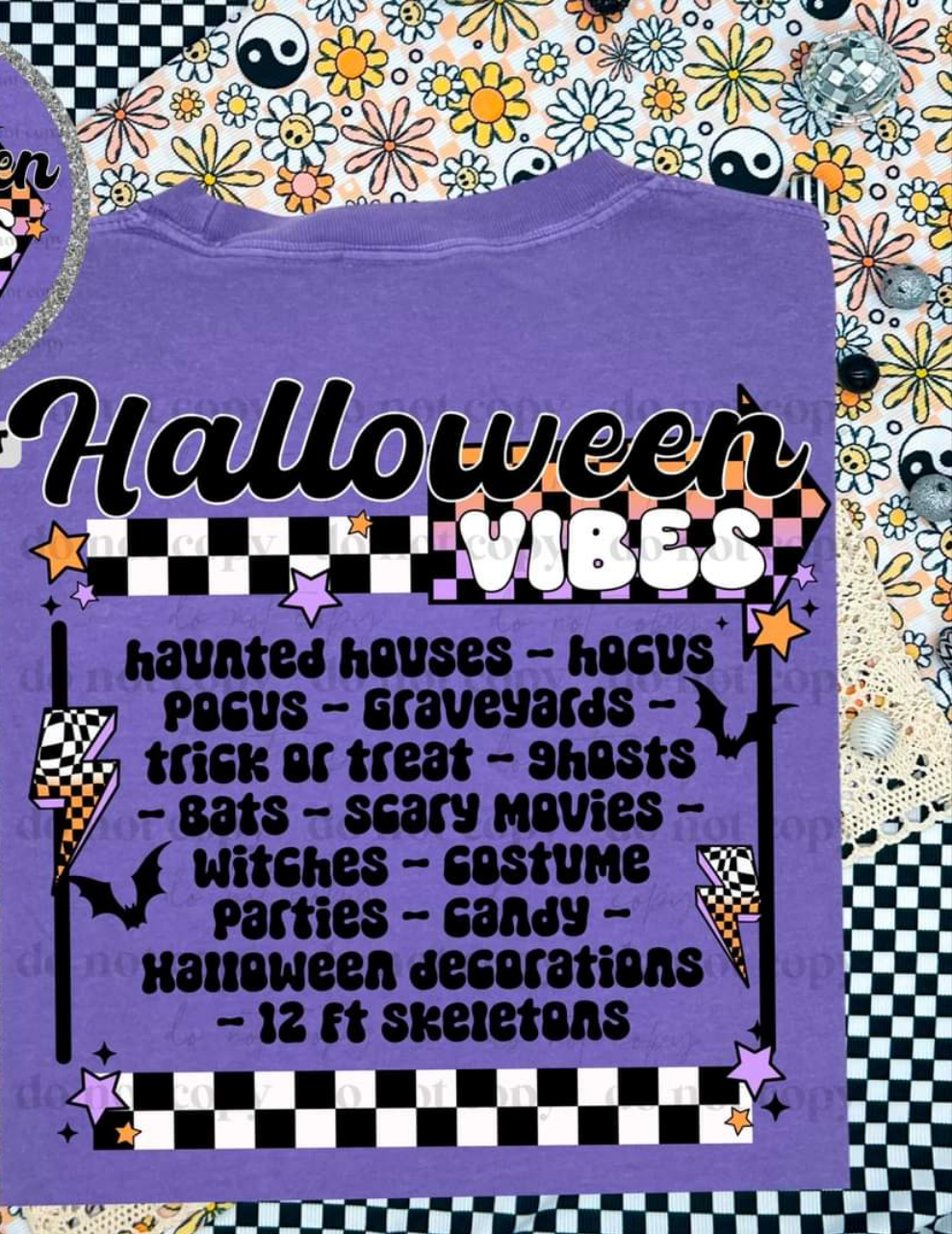 Halloween vibes purple black and white checkered halloween words CSC DTF TRANSFER