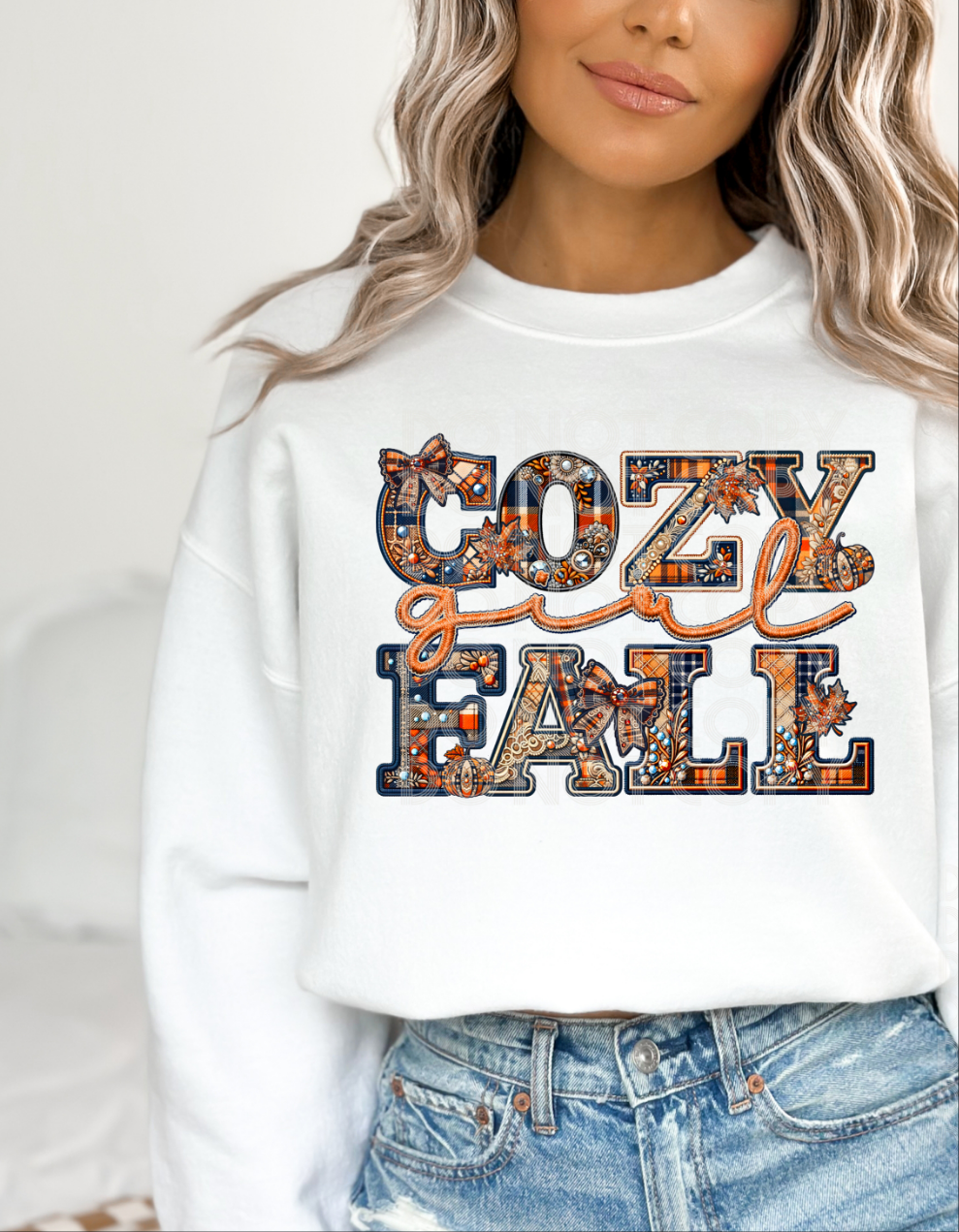 Cozy girl fall embroidery font plaid FRONT PHD  DTF transfer