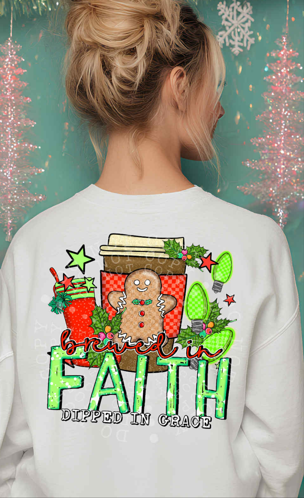 Brewed in faith dipped in Grace Latte with gingerbread DTF transfer