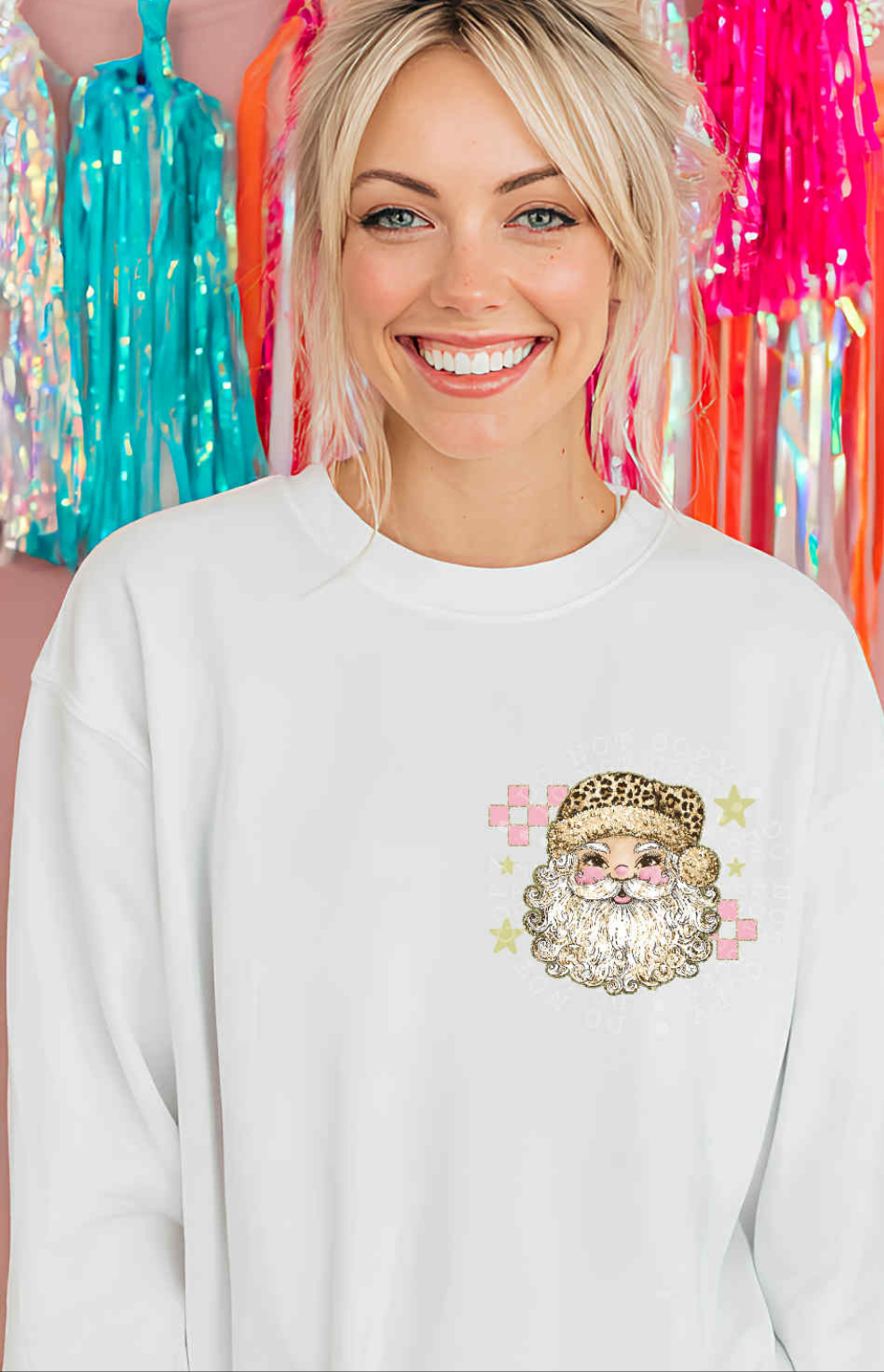 Santa leopard hat pink checkered DTF transfer