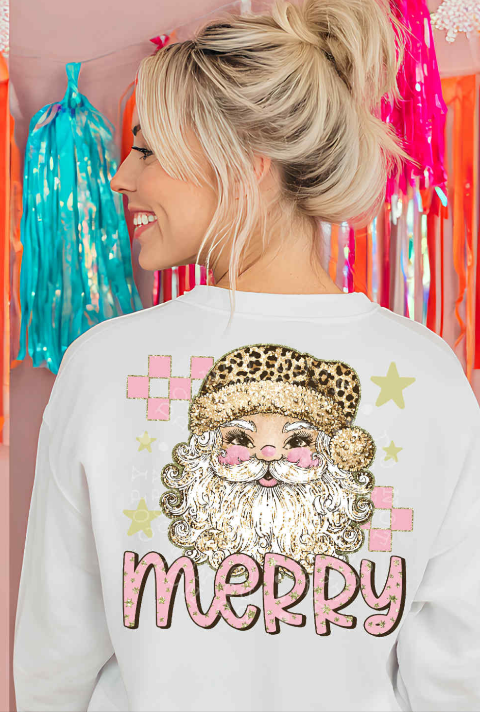 Merry Santa leopard hat pink checkered DTF transfer