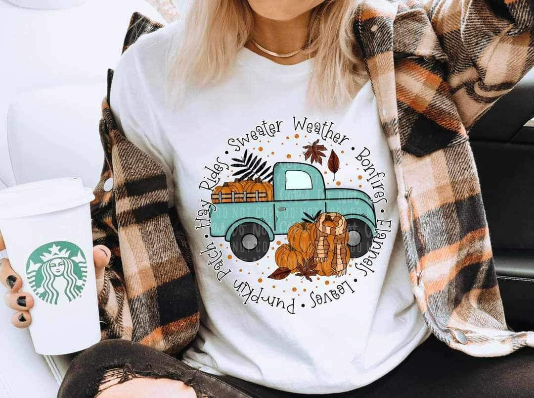 Hayrides, sweater weather, bonfires, flannels, leaves, pumpkin patch (circle with teal truck and pumpkins) 9608 DTF TRANSFER