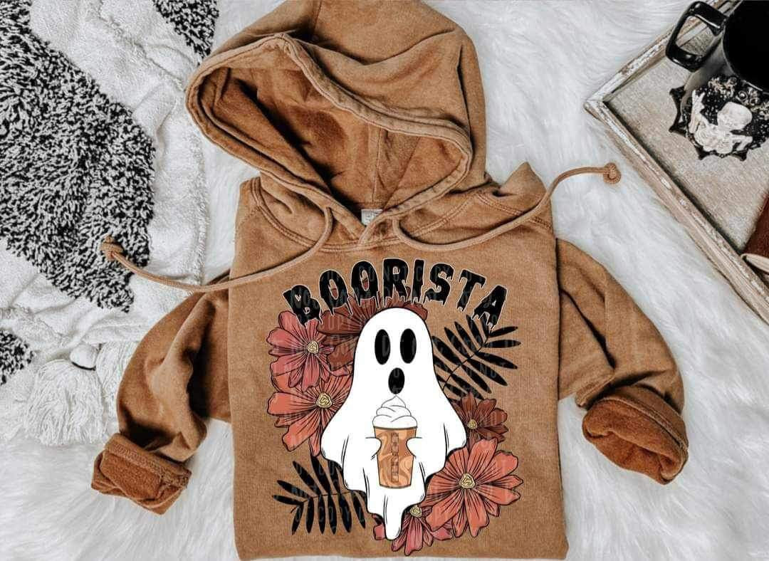 Boorista (ghost holding latte with floral background) 9607 DTF TRANSFER