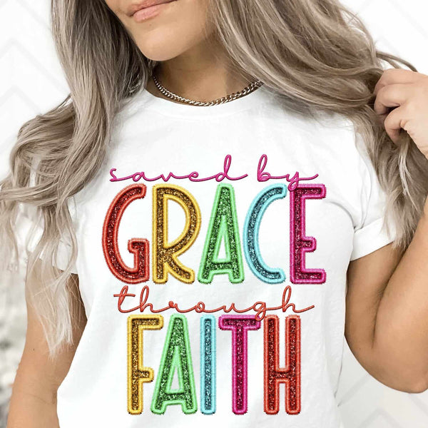 Saved by grace through faith rainbow font 31299 DTF transfer