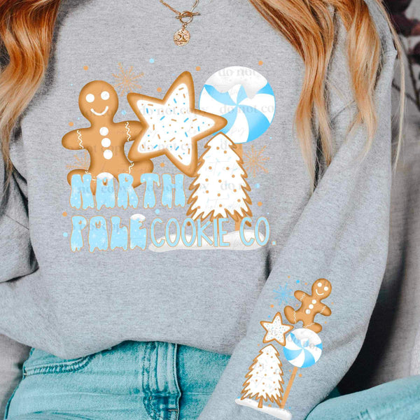 North pole cookie co (blue font, gingerbread cookies, and blue peppermint) SLEEVE ONLY 9596 DTF TRANSFER