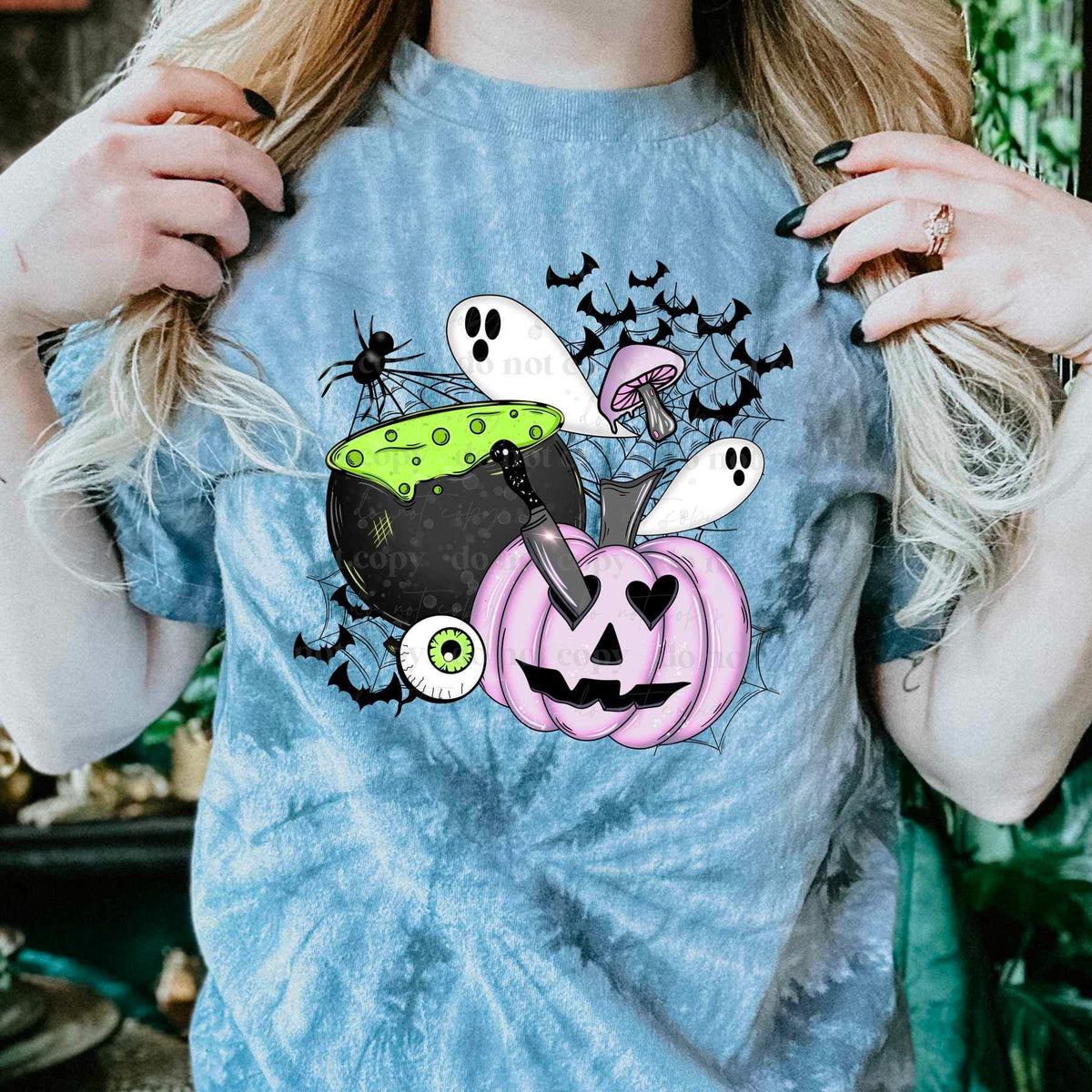 Cauldron, ghosts, pumpkin with knife, spider webs, eyeball 9589 DTF TRANSFER