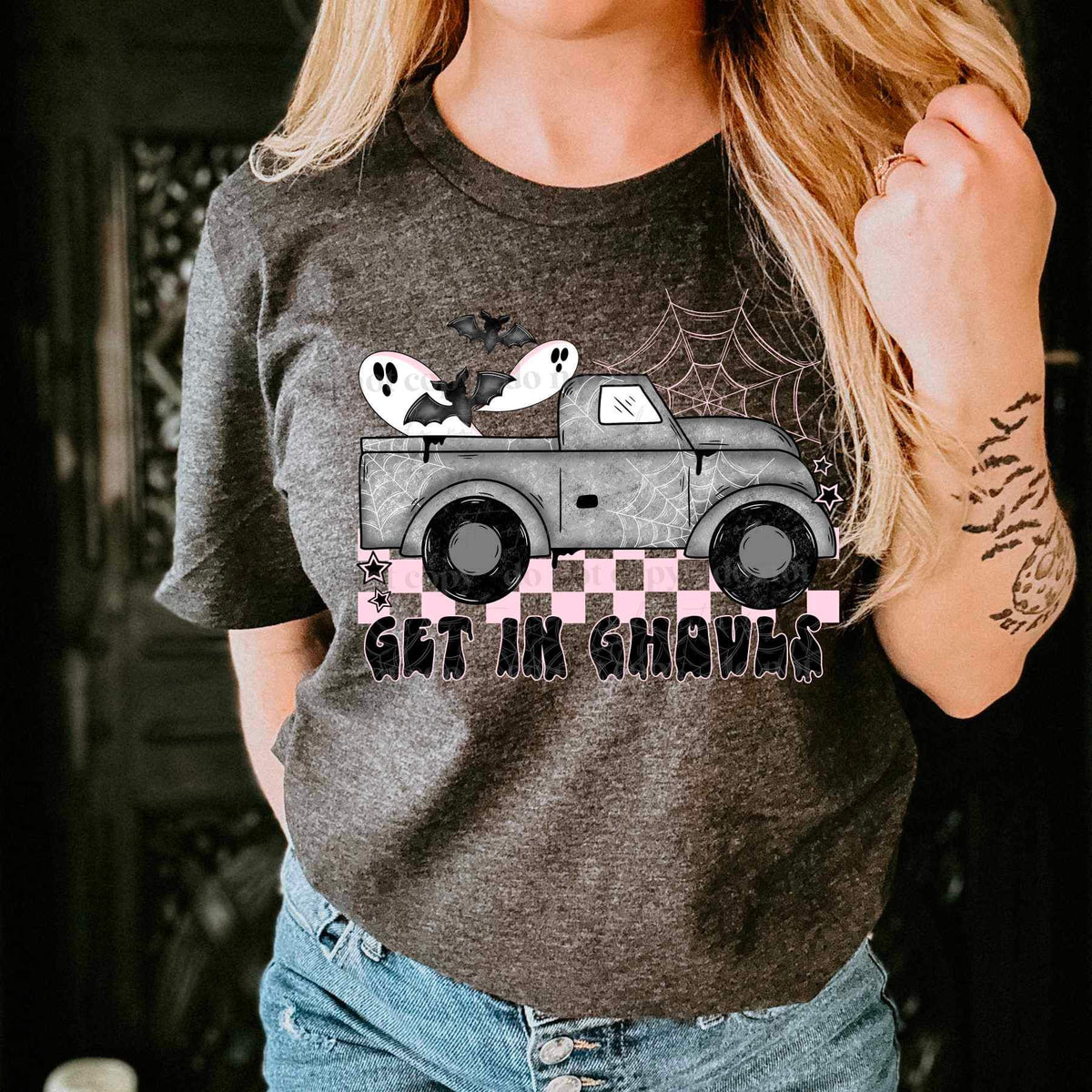 Get in ghouls (truck withs ghost and bats pink checkered pattern) 9588 DTF TRANSFER