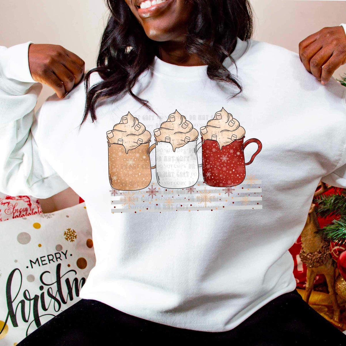 Trio hot chocolates with brown, white, and red mugs 9576 DTF TRANSFER