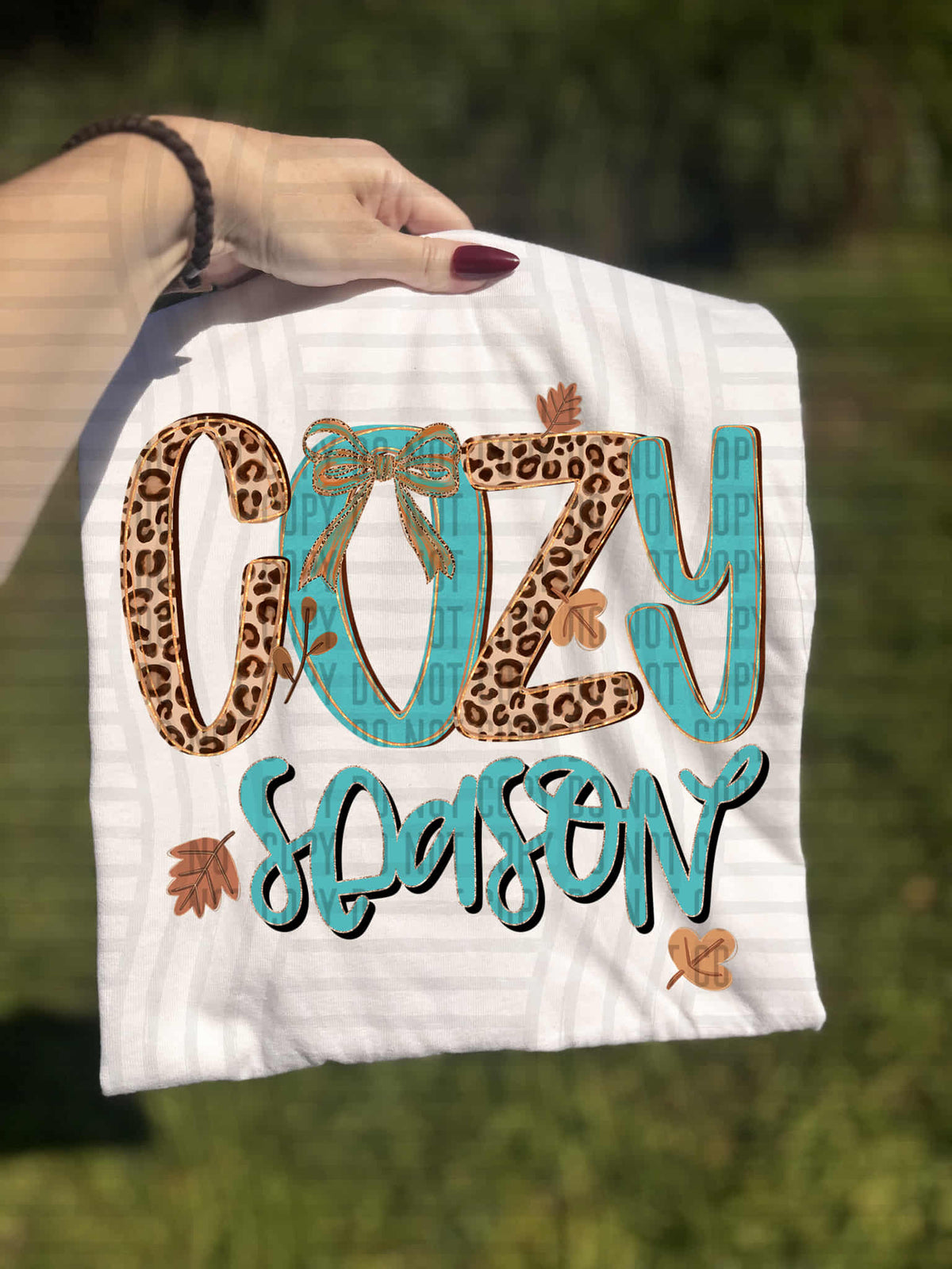 Cozy Season teal and leopard (caplinger) DTF transfer