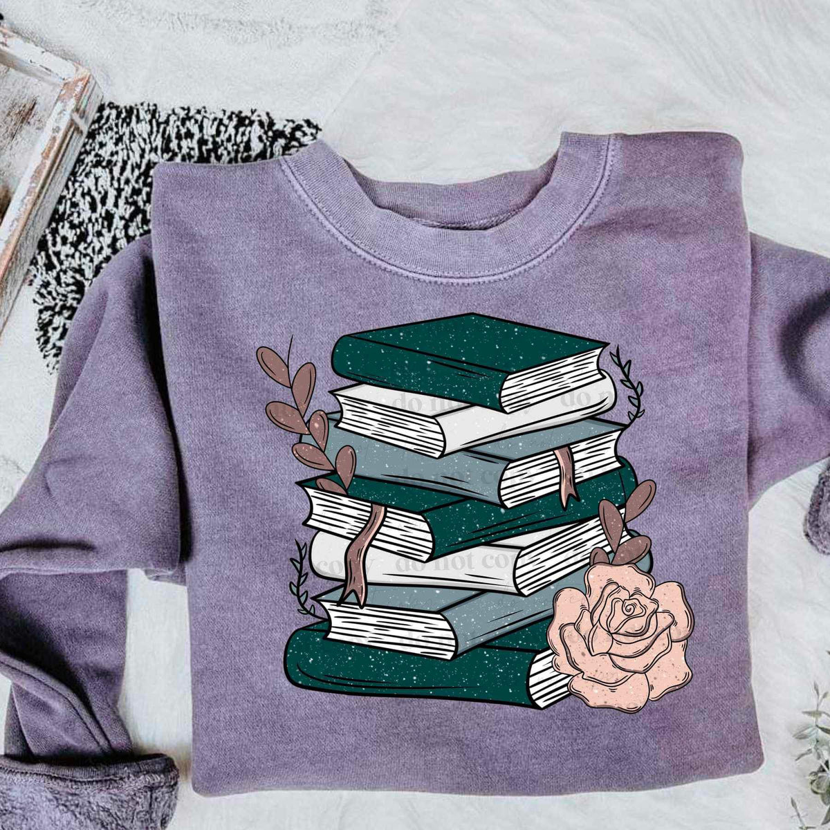 Stack of books with green covers with pink flower 9570 DTF TRANSFER
