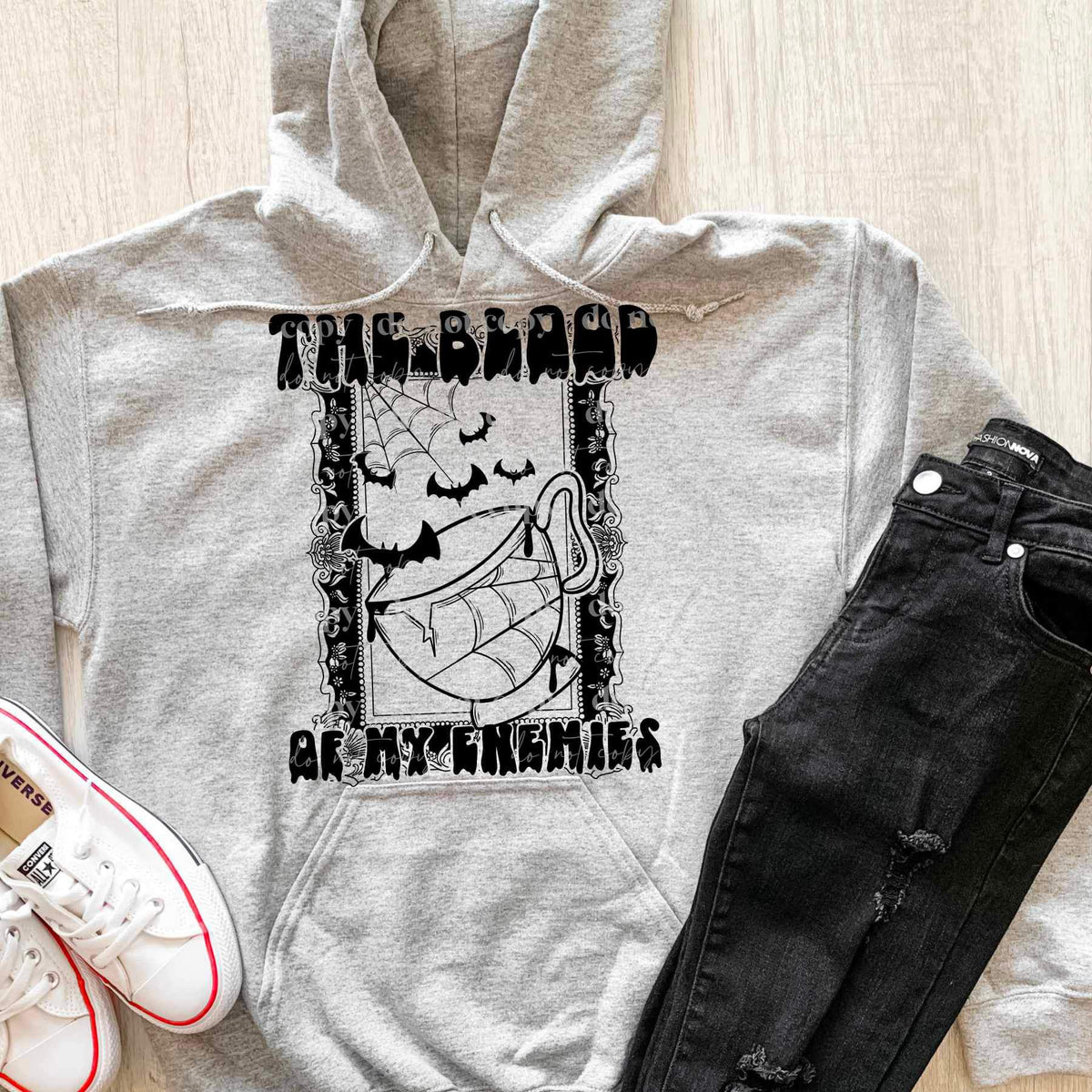 The blood of my enemies BLACK (mug with spider web, bats, and frame) 9568 DTF TRANSFER