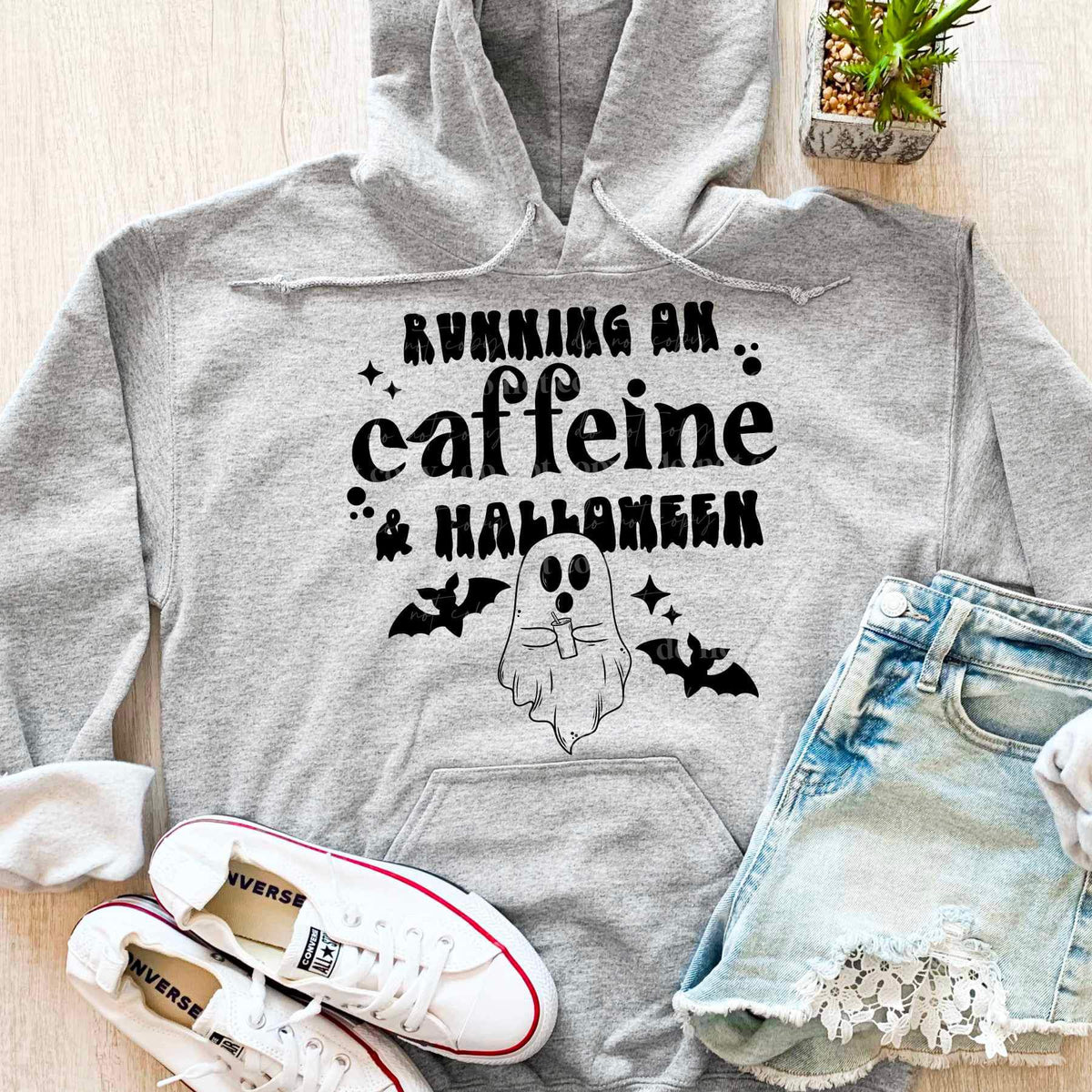 Running on caffiene & halloween (bats and ghost holding latte) BLACK 9449 DTF TRANSFERS