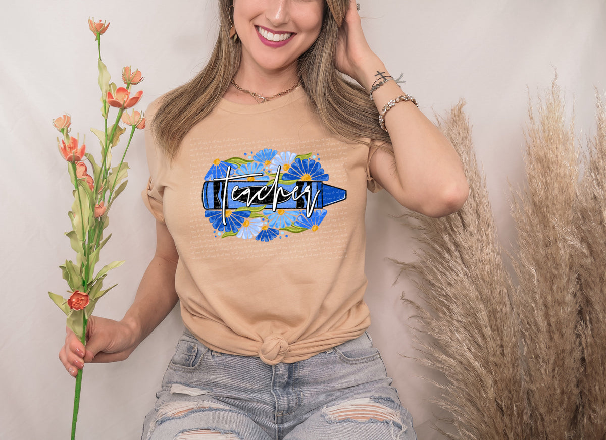 Teacher crayon florals BLUE 28988 DTF Transfer