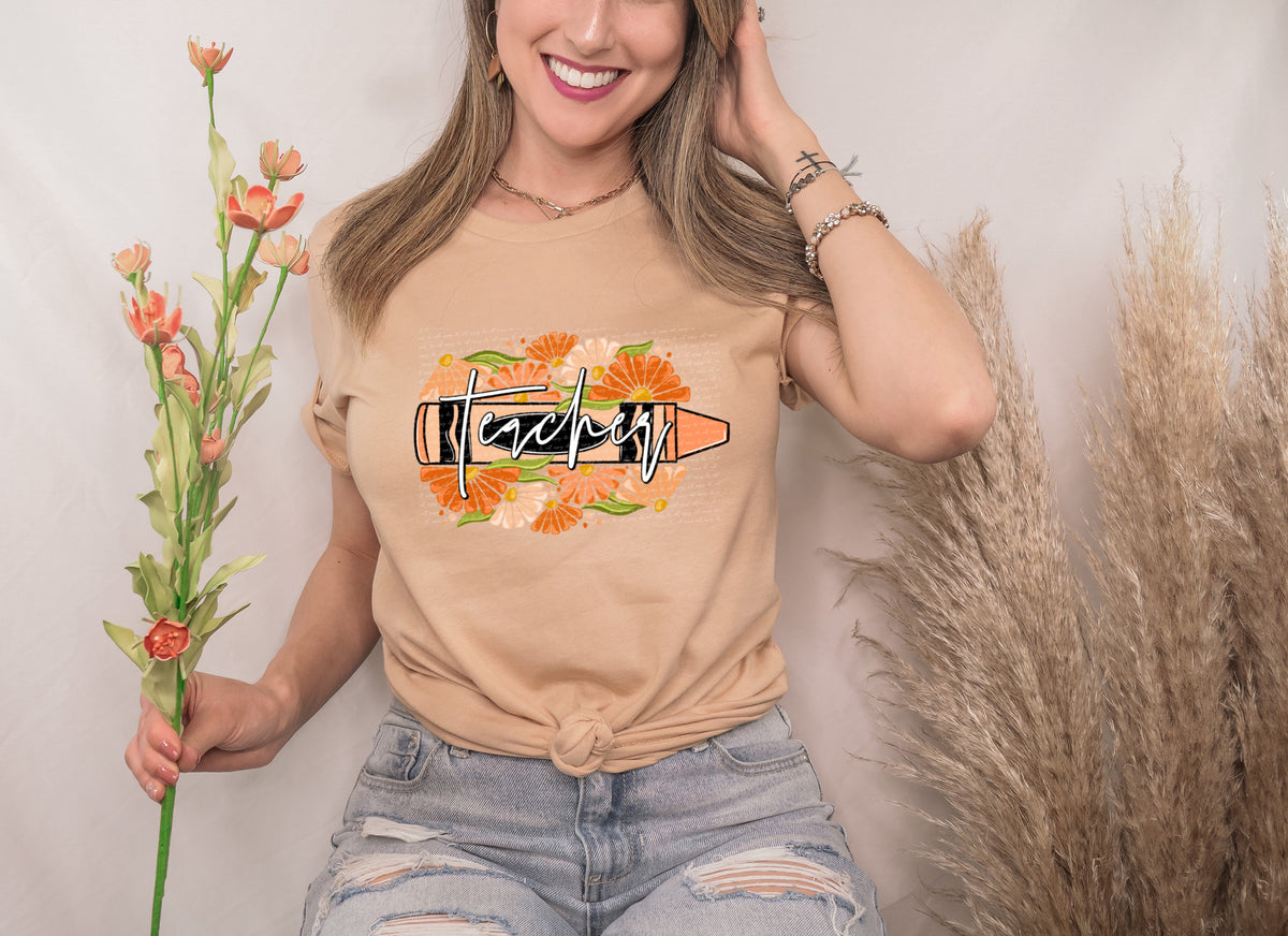 Teacher crayon florals ORANGE 28987 DTF Transfer