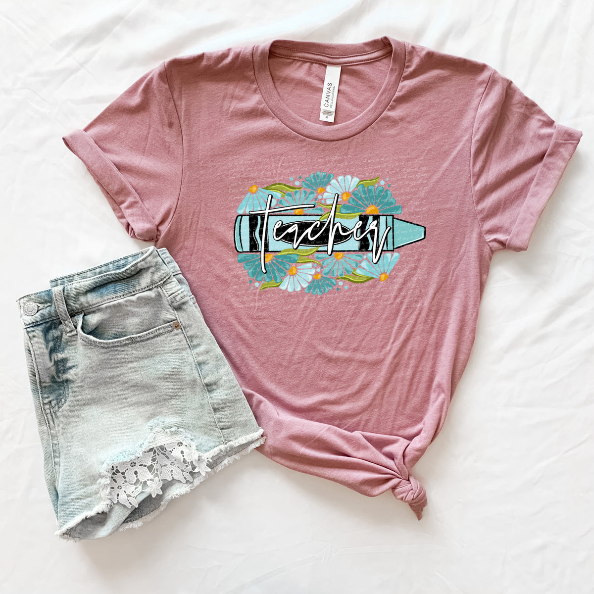 Teacher crayon florals TEAL 28985 DTF Transfer