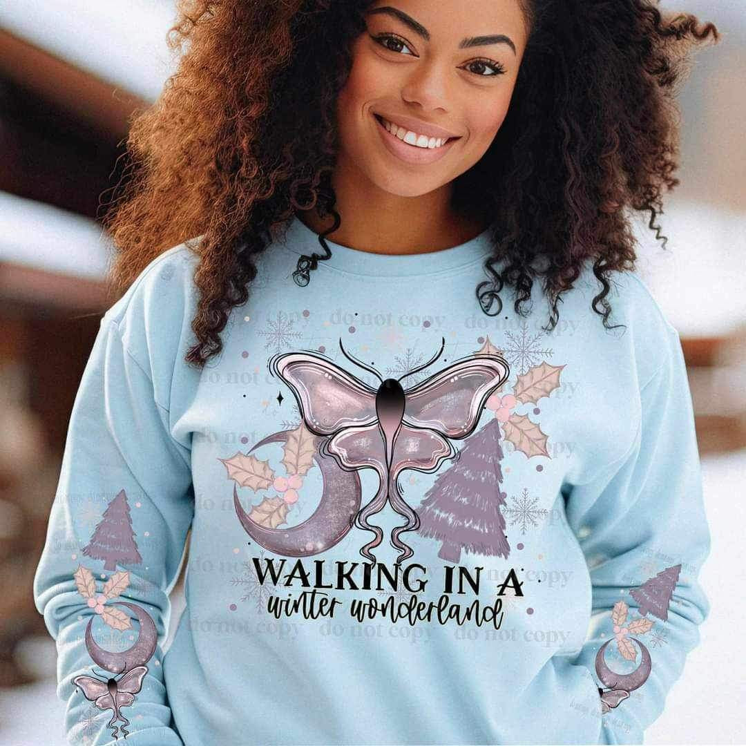 Walking in a winter wonderland (moon, moth, christmas tree) SLEEVE ONLY 9431 DTF TRANSFER