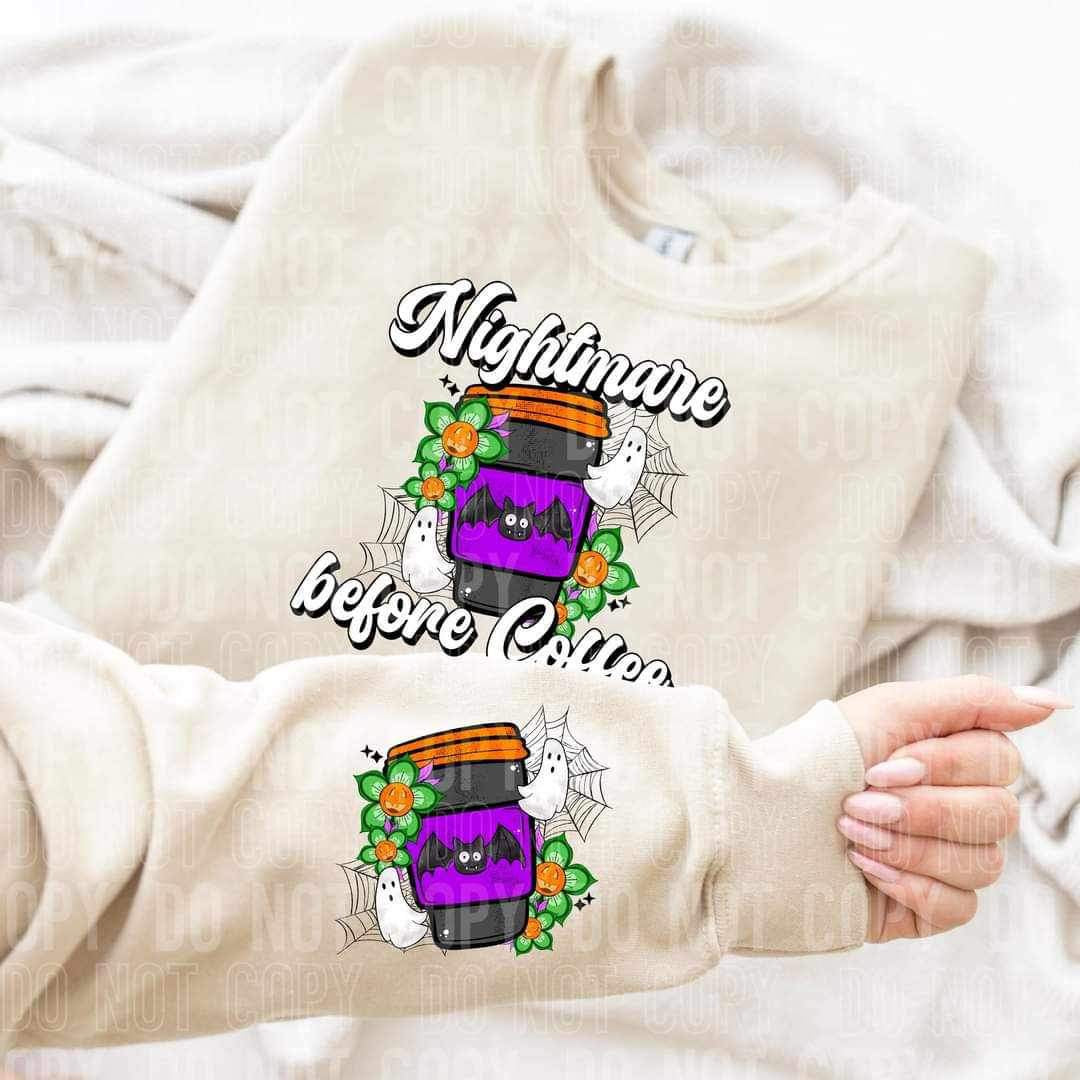 Nightmare before coffee (latte with bats, ghosts, flowers, and spider webs) FRONT ONLY 9428 DTF TRANSFER