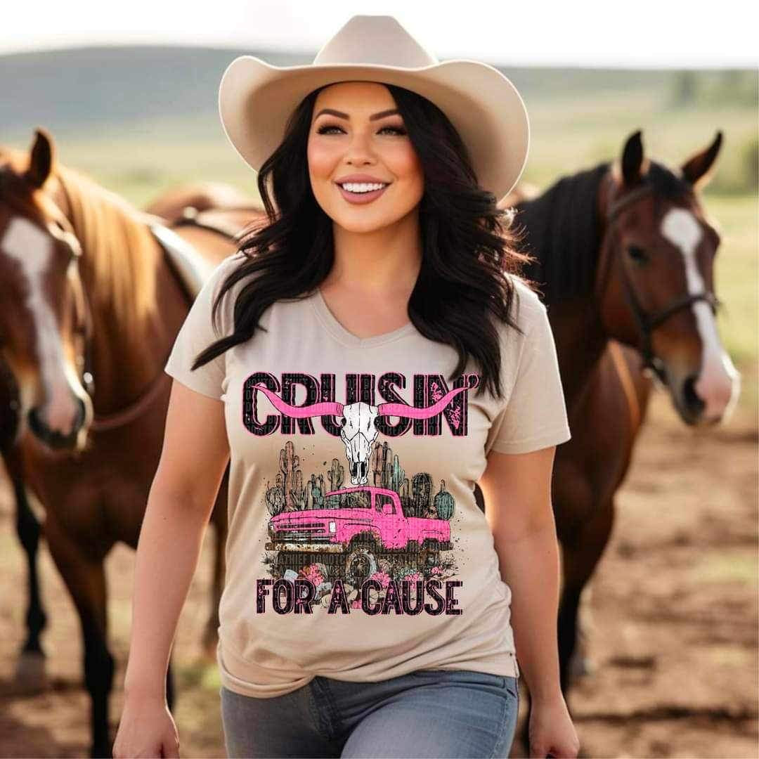 Cruisin’ for a cause (bull skull with pink horns, pink truck western scene) 9563 DTF TRANSFER