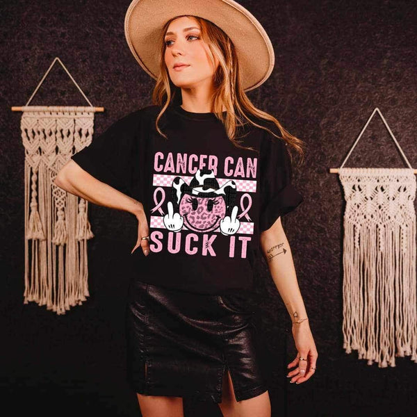 Cancer can suck it (leopard happy face with cowhide hat flipping off with pink checkered background) 9561 DTF TRANSFER