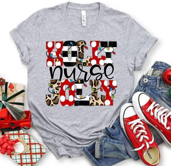 Holly jolly nurse (polka dots, leopard, and stripes pattern with lights) 9681 DTF TRANSFER