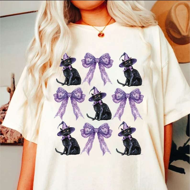 Black cat and purple bow collage 43409 DTF transfer