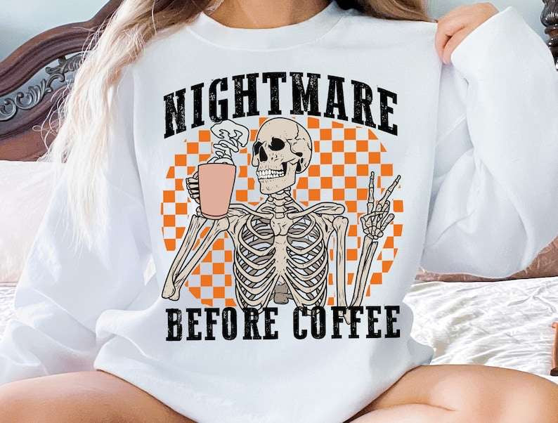 Nightmare before coffee skellie orange checkered background 43401 DTF transfer