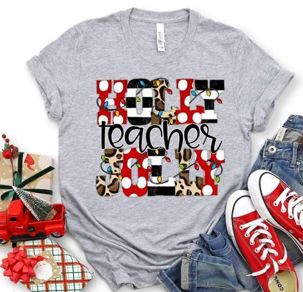 Holly jolly teacher (polka dots, leopard, and stripes pattern with lights) 9678 DTF TRANSFER