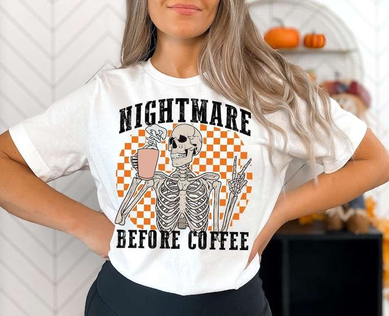 Nightmare before coffee skellie orange checkered background 43401 DTF transfer