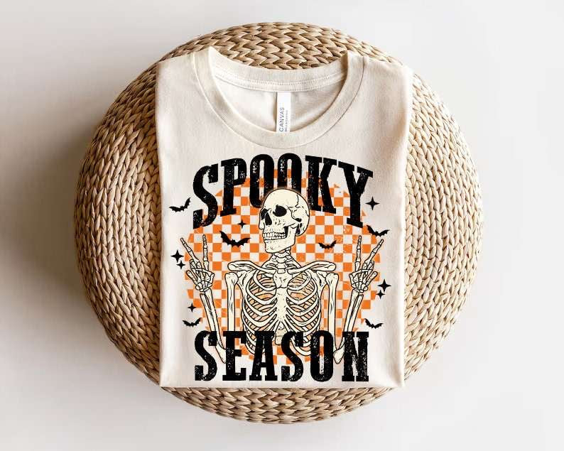Spooky season skellie orange checkered background 43400 DTF transfer
