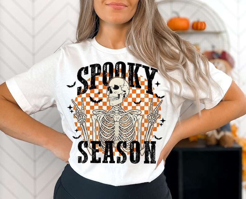 Spooky season skellie orange checkered background 43400 DTF transfer