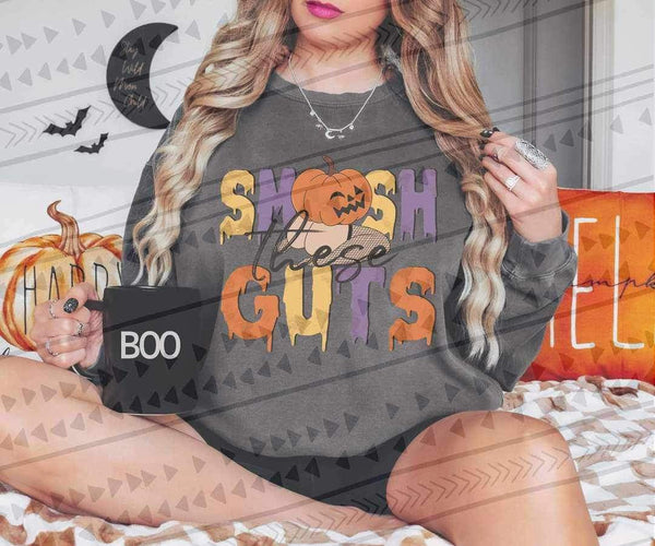 Smash these guts (yellow purple and orange writing with scandalous pumpkin) 9646 DTF TRANSFER