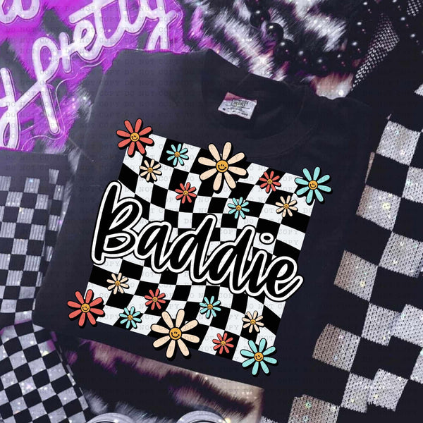 Baddie white checkered with flowers (ECHT) 31410 DTF transfer