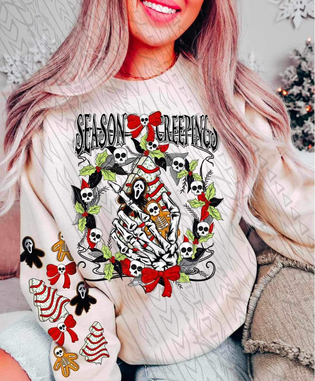 Season creepings (skellie holding christmas cake with skull decorations) FRONT ONLY 9634 DTF TRANSFER