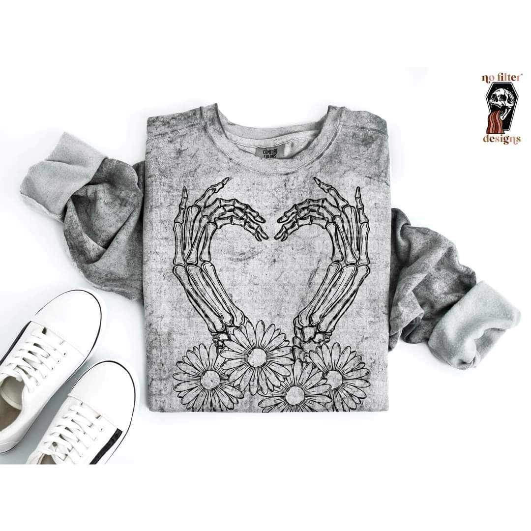 Skellie hand heart with flowers BLACK 20880 DTF transfer