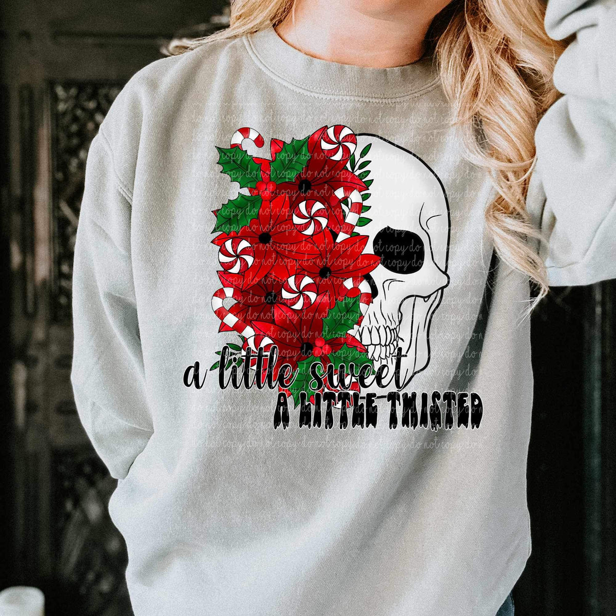 A little sweet a liitle twisted (half skull half candy canes, peppermints, and poinsettias) 9651 DTF TRANSFER