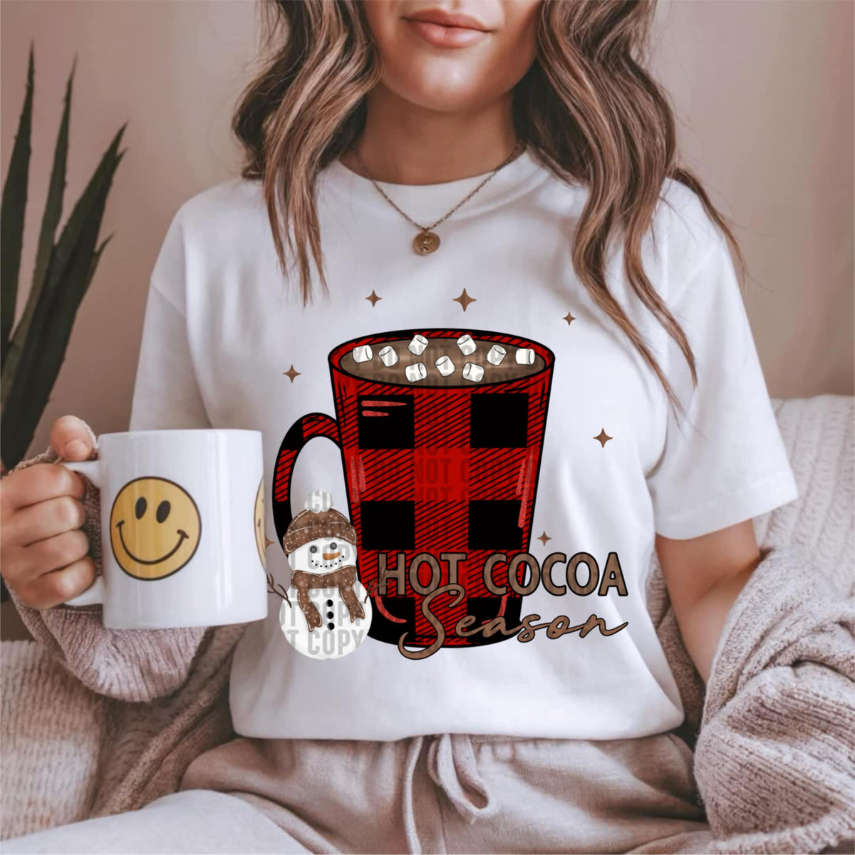 Hot Cocoa Season plaid mug and snowman (lane) DTF transfer