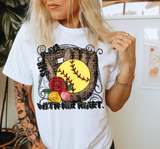 She Plays With Her Heart (softball in mitt, roses, black distressed lettering) DTF TRANSFER