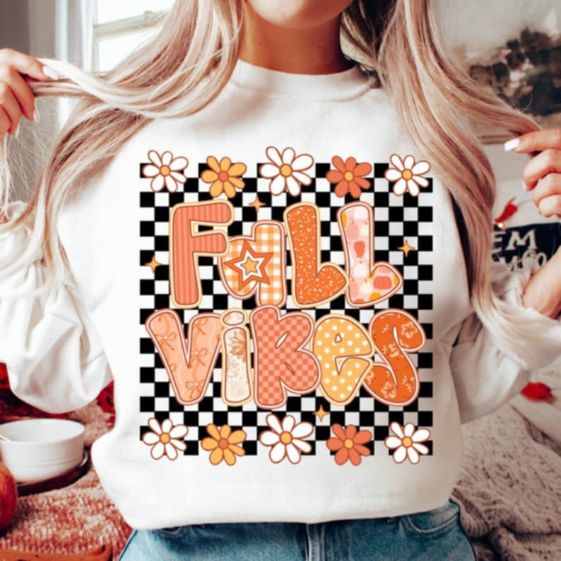 Fall Vibes with Black Checker DTF transfer
