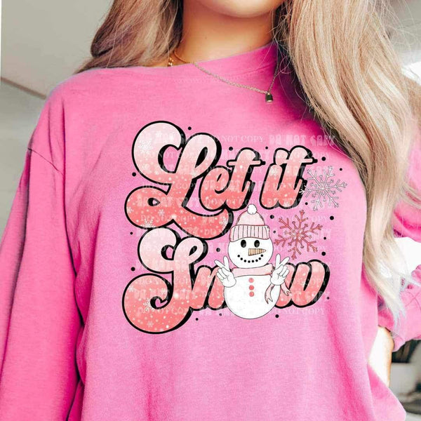 Let it snow (pink font, snowman with peace signs, snowflakes) 9741 DTF TRANSFER