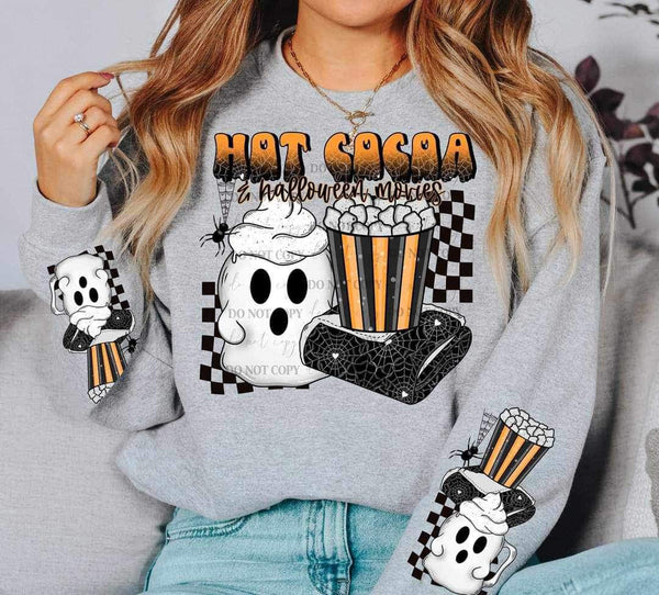 Hot cocoa and Halloween movies (ghost, blanket, popcorn, spider, checkered pattern) SLEEVE ONLY 9740 DTF TRANSFER