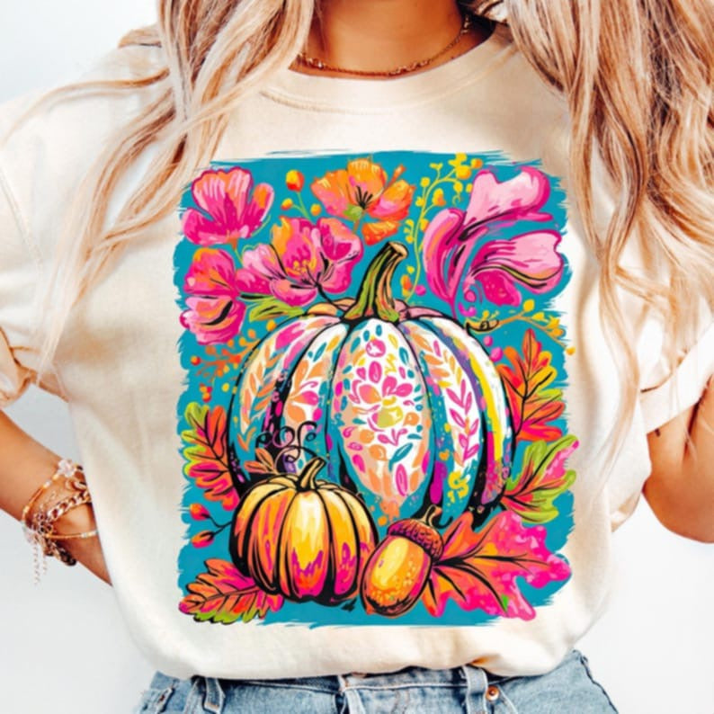 Floral Pumpkin blue pink and orange DTF transfern