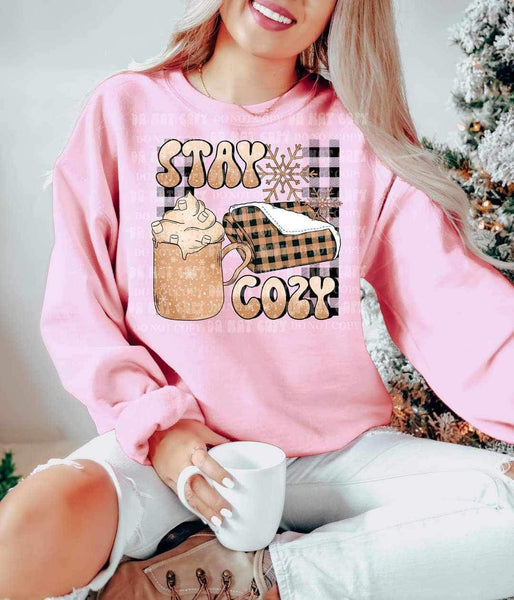 Stay cozy (hot chocolate and plaid blankets and plaid background) 9737 DTF TRANSFER