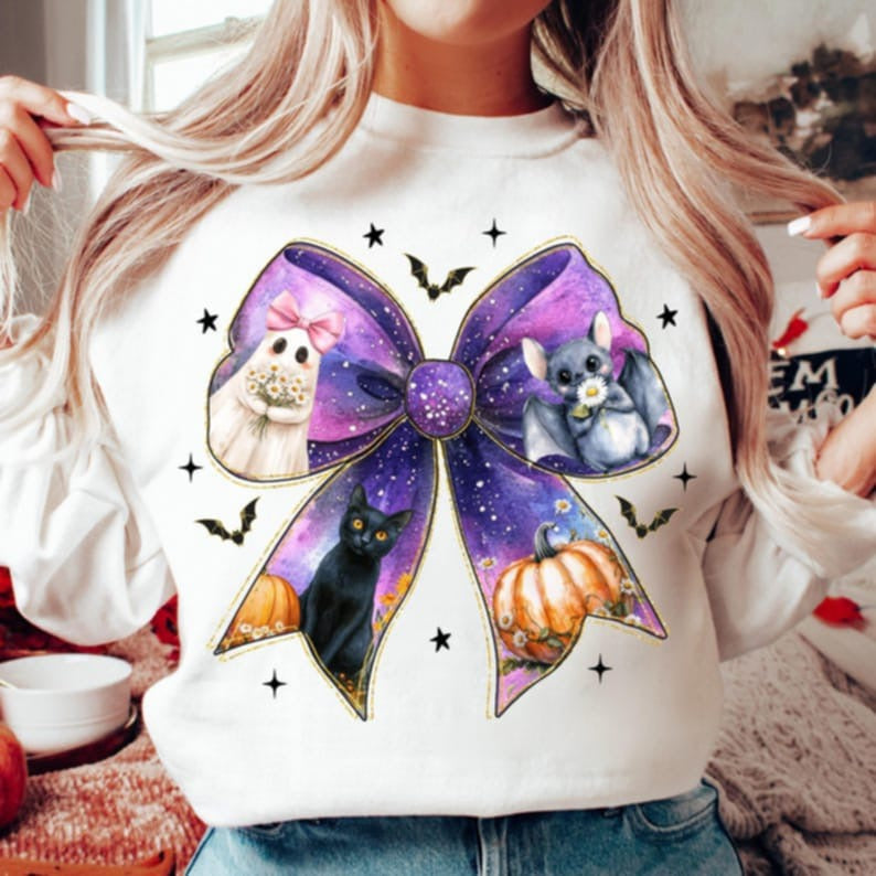 Halloween Bow with cat and bat DTF transfer