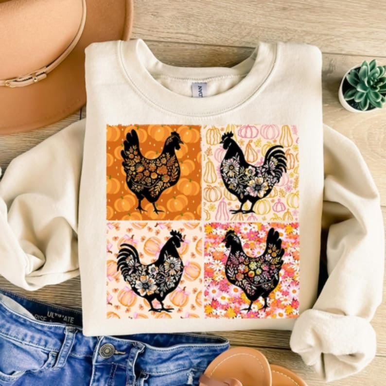 Fall pumpkins Chicken & Floral Checkered DTF transfer