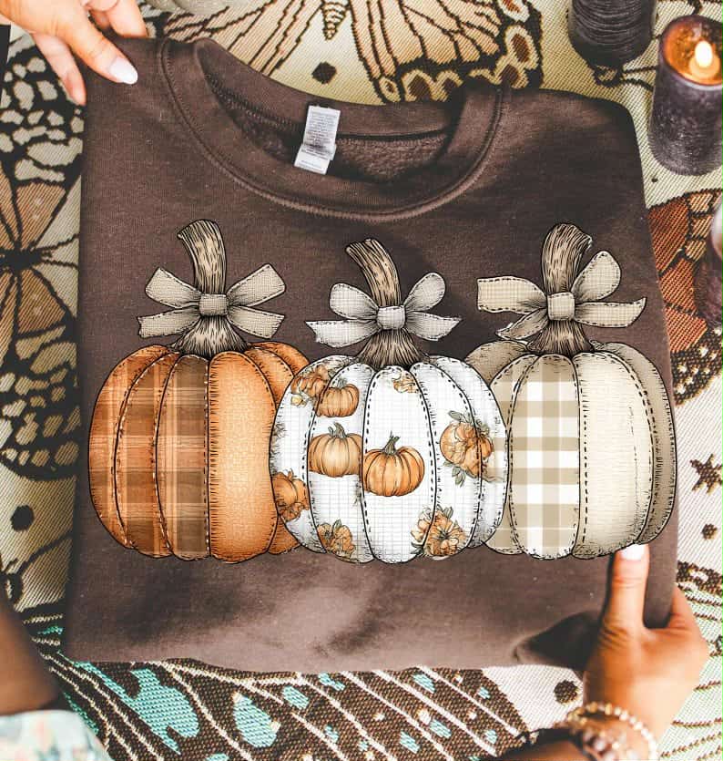 Three Stitched pumpkins with BIG BOWS DTF transfer