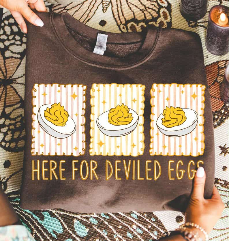 Here For Deviled Eggs striped frames DTF transfer