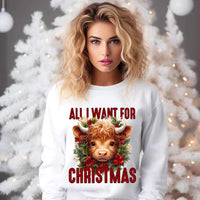 All i want for Christmas (red font with shaggy cow and mistletoes) 9819 DTF TRANSFERS