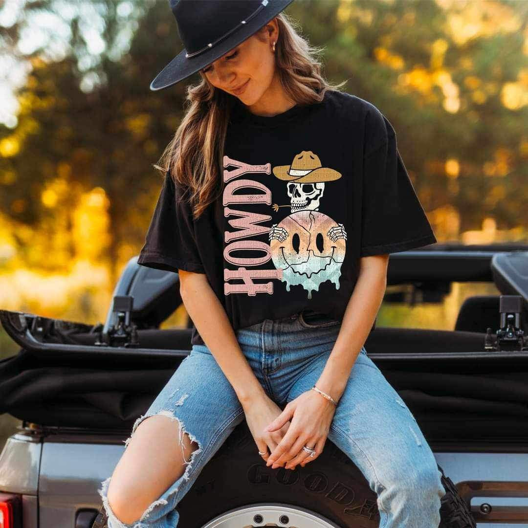 Howdy (cowboy skellie with cracked smiley face) 9822 DTF TRANSFERS