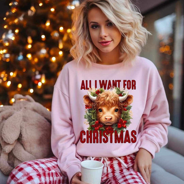 All i want for Christmas (red font with shaggy cow and mistletoes) 9819 DTF TRANSFERS